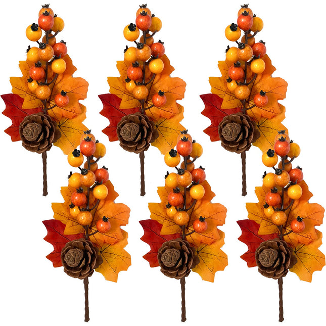Adurself 6 Pack Fall Stems Artificial Berry Picks Fall Picks with Pine Cone Maple Leaves Branches Decorations for Harvest Autumn Thanksgiving Day Flower Arrangements Wreaths Indoor Outdoor Home Decor