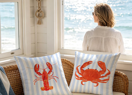 Exqcom Coastal Red Crab Lobster Pillow Covers 18x18 Set of 2, Blue and White Striped Coastal Nautical Crab Throw Pillow Covers for Bedroom Beach House Home, Preppy Beach Room Decor