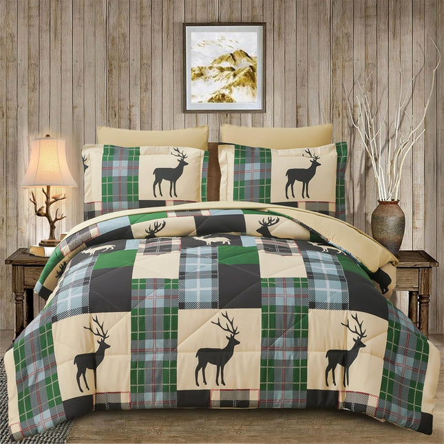 Smuge 7 Piece King Size Comforter Set, Lodge Moose Rustic Cabin Bed in a Bag, Soft and Breathable Bedding, Green Moose