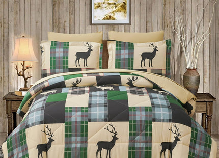 Smuge 7 Piece Queen Size Comforter Set, Lodge Moose Rustic Cabin Bed in a Bag, Soft and Breathable, Green Moose