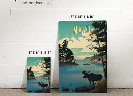 Lantern Press Maine, Moose and Lake, Lithograph, 12x18 Inch Aluminum Sign, Indoor or Outdoor Use