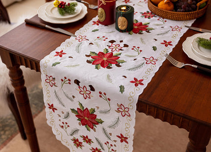 Joyfol Day Christmas Florals Table Runner 14 x 33 Inch, Embroidered Cutwork Poinsettia Holly Leaves Table Runners, Winter Holiday Flowers Tabletop for Xmas Party Decorations