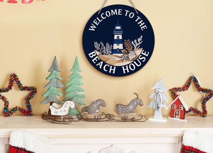 PHAMTE Coastal Beach House Round Wreath Sign, Navy Blue Nautical Lighthouse Wall Hanging Plaque Wood Sign, Welcome to the Beach House Decor Decorations for Wall Pediments Door Porch Room 12 Inch