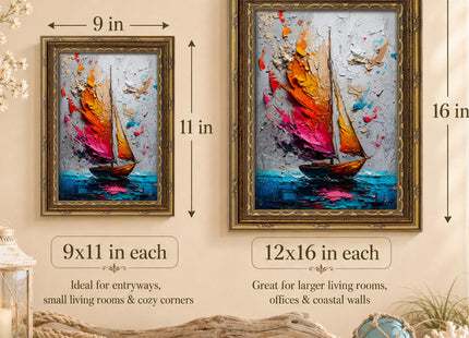KUNIQUE Vintage Gold Framed Doodle Sailboat Canvas Wall Art 9x11in