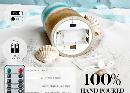 Velsyn Beach Flameless LED Candles with Remote and Timer, Seashell & Starfish Pillar Unscented Real Wax, Ocean Decor for Home Bedroom Wedding Coastal Room, 3" x 4",5",6", Set of 3(Beach)