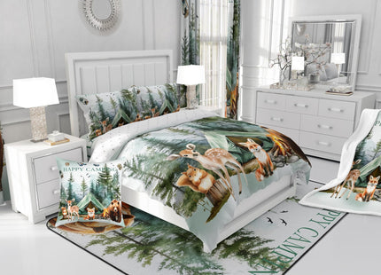 Erosebridal RV Camper Queen Comforter Set,Happy Camping Rustic Bedding Set for Kids Adults Bedroom Decor,Cabin Bear Deer Fox Bed Set Country Farmhouse Bed Comforter Sets,2 Pillowcases