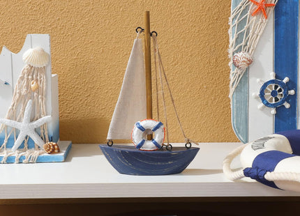 EXCEART Mediterranean Sailboat Ornament Wooden Sailing Model Beach Nautical Decoration for Home Office Tabletop Display 6.8X4.3X1 Inch Lightweight