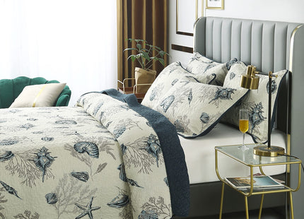 ABREEZE Nautical Theme Quilt Set with Shams Cotton Beach Bedspreads King Coastal Navy Coverlet, Sea Shell Conch Coral Starfish Oversized Quilt