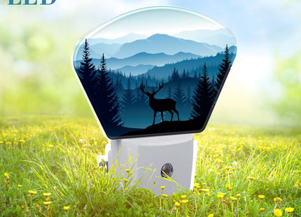 Uiaoiais Blue Misty Mountains Plug in Night Lights, Deer Nightlight Plug Into Wall Dusk to Dawn Sensor for Kid Girls Boys Women Men Bedroom, Hallway, Kitchen, Bathroom, Stairs Decor