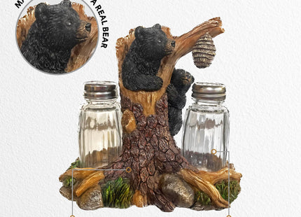 Pine Ridge Bear Salt And Pepper Shaker - Two Glass Shakers, Bear In Tree Holder Caddy For Spices And Seasonings, For Kitchen, Dining Or Table Décor