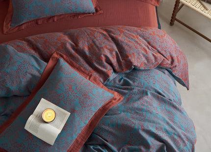 VM VOUGEMARKET Blue Red Duvet Cover Queen,3 Pieces Retro Jacquard Forest Theme Tree Leaves Bedding Set,Linen Cotton Yarn-Dyed Textured Duvet Cover with Zipper Closure