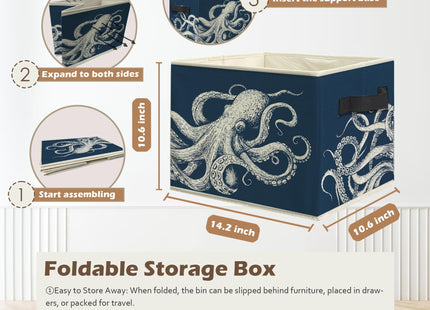 Ghoaoivo Navy Blue Octopus Beach Storage Box Bins, Coastal Ocean Octopus Animal Collapsible Storage Basket Organizer for Bedroom Laundry Room Home Clothes Books, Decor for Room