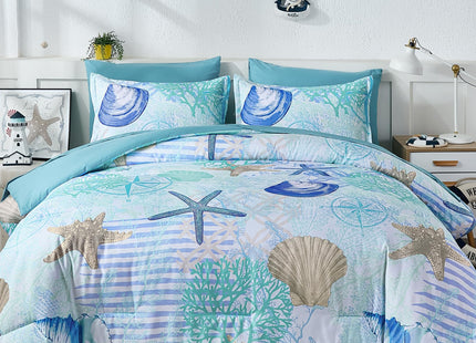 Xruibed Coastal Comforter Set Queen Size, Beach Coral Themed Bed in a Bag, 7 Pieces Ocean Nautical Seaweed & Starfish Soft Summer Comforter Bedding Sets for All Seasons(90"×90")