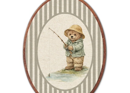 Vintage Bear Fishing Nursery Oval Wall Art Framed, Sports Framed Canvas