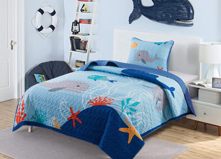 Soul & Lane - Kids Ocean Quilt Set, Whale Sea Bedding, Queen with 2 Shams