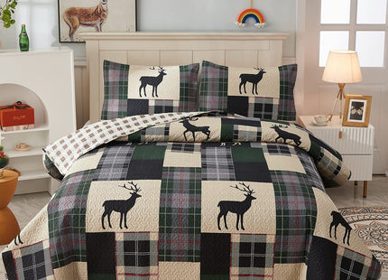 CHESITY Lodge Bedspread Twin Size,3 Piece Rustic Cabin Quilt Set Black Deer Bedspreads Coverlet Reversible Animal Printed Wildlife Patchwork Dark Green Beige Plaid Bed Cover Country Decor(68"x86")