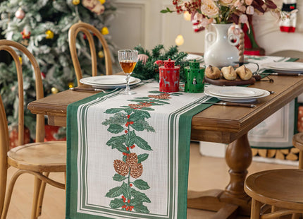 Midsummer Breeze Christmas Table Runner – Pinecone & Holly Design, 18”x90” inches Long, Winter Dining Holiday Décor-Green