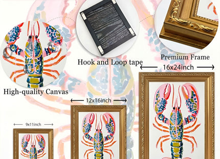 Gold Framed Coastal Colorful Lobster Canvas Wall Art 9X11in