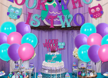 Owl Themed 2nd Birthday Party Decorations, with Look Whoo Is Two Owl Banner Cake Topper Purple Pink Balloon Set, for Kids Cute Owl 2 Years Old Birthday Party Supplies