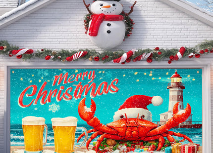 IVN Christmas Garage Door Banner 13x6 ft Merry Christmas Garage Door Cover Santa Crab Lighthouse Winter Coastal Home Door Front Yard Decor for Xmas Eve Holiday Outdoor