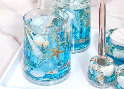 FONMY Toothbrush Holder-Acrylic w/Nature Seashell Handmade SeascapeTooth Paster Cup Mouthwash Cup Makeup Brushes Holder for Bathroom Vanity Countertops Office Unique Gifts and Home Decor.,Sea Blue