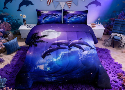 Castle Fairy Dolphin Comforter Set for Boys Girls Kids Teens,3-Pieces Ocean Waves Bedding Comforter Full Size,Moonlight at Night Printed Quilt Set with 2 Pillowcases