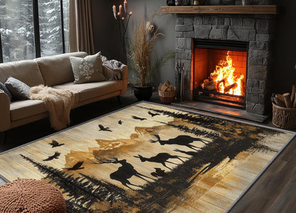 Yoozitrees Wildlife Rugs for Cabin - Wildlife Rug, 8x10 Rug, Deer Moose Wild Animal Silhouette Area Rug, Rustic Wood Print Carpet, Washable & Non Slip & Soft Large Rugs, Wildlife Home Decor