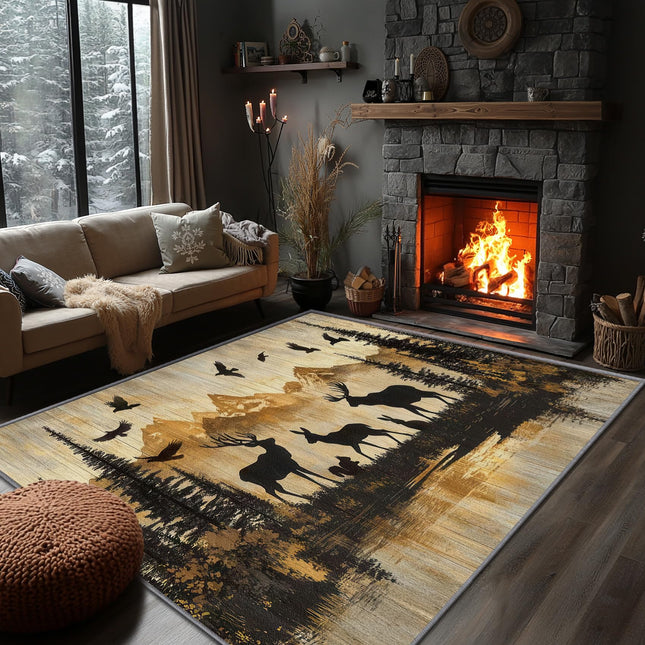 Yoozitrees Wildlife Rugs for Cabin - Wildlife Rug, 8x10 Rug, Deer Moose Wild Animal Silhouette Area Rug, Rustic Wood Print Carpet, Washable & Non Slip & Soft Large Rugs, Wildlife Home Decor