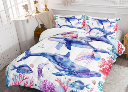 XYNHML Whale Jellyfish Shark Bedding Dolphin Coral Comforter 3Pcs Twin Underwater Fish Starfish Quilt Set for Kids Teens Girls Boys Clownfish Seaweed Bed Decor Set with 1 Comforter and 2 Pillowcases