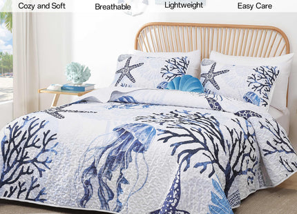 Xruibed Coastal Quilt Set King Size Blue Nautical Beach Quilt Coverlet Reversible Lightweight Bedspread with 2 Pillowshams Soft Microfiber Quilt Set for All Season 110"x90"
