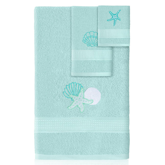 Hillsuren 3 Pcs Coastal Seashell Bathroom Towel Set, Embroidered Decor