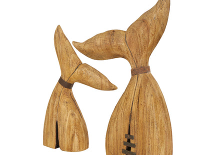 Deco 79 Wood Whale Handmade Decorative Sculpture Tail Home Decor Statues with Metal Band Accents, Set of 2 Accent Figurines 17", 13"H, Brown