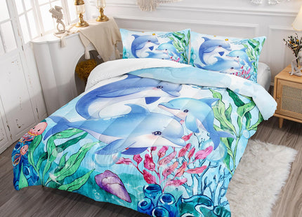 XYNHML Dolphins Animal Aqua Blue Green Sea Comforter 3pcs Twin Kids Coral Jellyfish Comforter Set for Boys Girls Ocean Waves Bedding Fish Quilt Bed Set with 1 Comforter and 2 Pillowcases