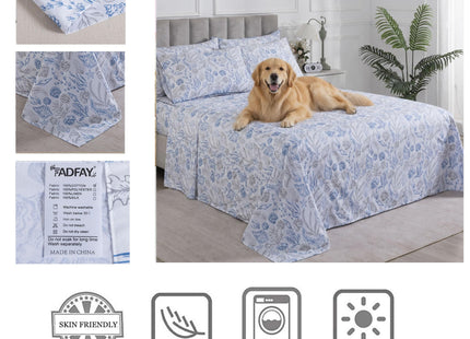 FADFAY Ocean Sheets Set Twin 100% Cotton, 4 Piece Coastal Bedding Set, Cooling & Crisp Summer Bedding, Navy Blue Nautical Seaweed Seashell Print, Soft & Breathable Deep Pocket Fitted Sheet, Twin Size