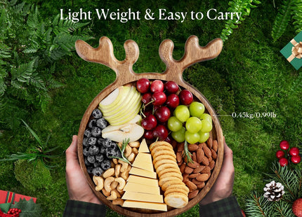 Dofira Acacia Wood Serving Platter, Christmas Decorative Reindeer Antler, 12"x10"Round Wooden Food Dish Display Plate, Charcuterie Board Tray for Cheese Fruit, Kitchen Gift for Mother’s Day (Gift Box)