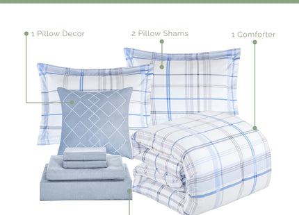 Elegant Comfort 8-Piece Lodge Plaid Reversible Comforter Set - All Season Bed in a Bag, 4-Piece Sheet Set Featuring Smart Pockets, Matching Shams and Decorative Pillow, Full/Queen, Aqua