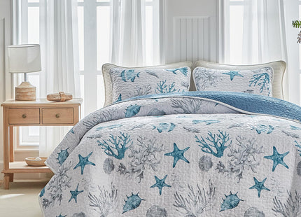 3 Piece Coastal Quilt Sets King Size - Reversible Microfiber Ocean Style Quilts with 2 Shams Soft Lightweight Beach Bedding Nautical Bedspread Coverlet Summer Comforter for All Season