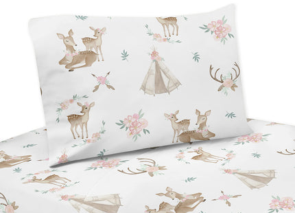 Sweet Jojo Designs Blush Pink, Mint Green and White Boho Twin Sheet Set for Woodland Deer Floral Collection - 3 piece Set
