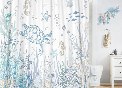 Lifeella Nautical Coastal Turtle Shower Curtain, Coral Starfish Seashell Ocean Themed Bathroom Curtain, Underwater Seahorse Bathroom Decor Blue 72 x 72 inch
