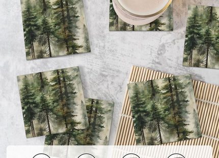 Misty Pine Tree Square Ceramic Coasters Set of 6 Pack, Mountain Green Forest Landscape Foggy Botany Stone Drink Coaster with Cup Holder Anti-Scratc Cork Backing Bar Kitchen Home Housewarming Gift