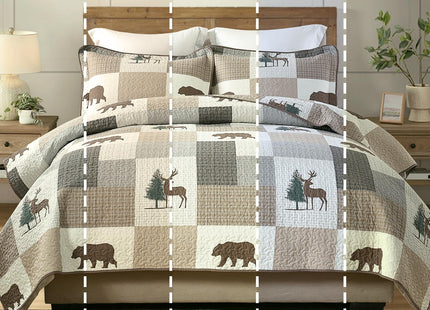 EWlinens Queen Quilt Set - 100% Cotton Quilt Queen Size, Farmhouse Animals Patchwork Plaid Queen Quilts Bedding Set, Forest Rustic Lightweight Comforter for Queen Bed, Green/Brown/Beige, 3 Pieces