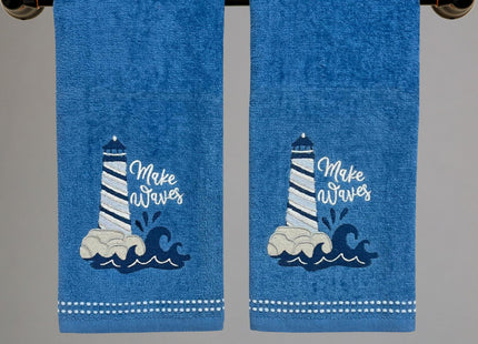 Coastal Guest Hand Bathroom Towels, Navy Make Waves Lighthouse, 16x25