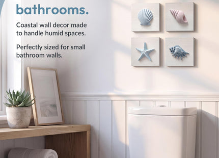 TideAndTales Nautical Wall Decor Set of 3 (7"x7") Seashells Rustic Beach Decor | Wooden Beach Bathroom Decor | Ocean Coastal Theme Decorations for Home