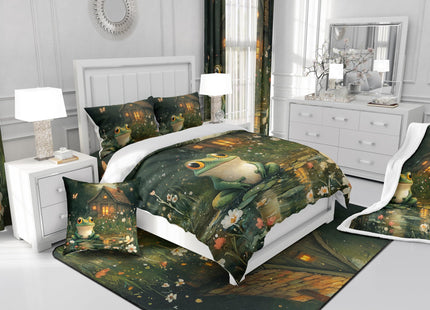 Manfei Lodge Frog Comforter Set,Rustic Cabin Jungle Wild Animal Starry Bedding Set for Kids Teens Bedroom,Nature Daisy Flowers Lake Lotus Leaves Quilt Set 2 Pcs with 1 Pillowcase,Twin