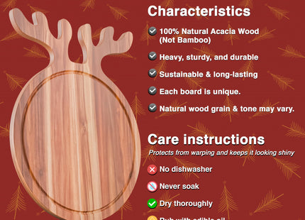 Christmas Charcuterie Board, Reindeer Shaped Acacia Wood, 17x13 In