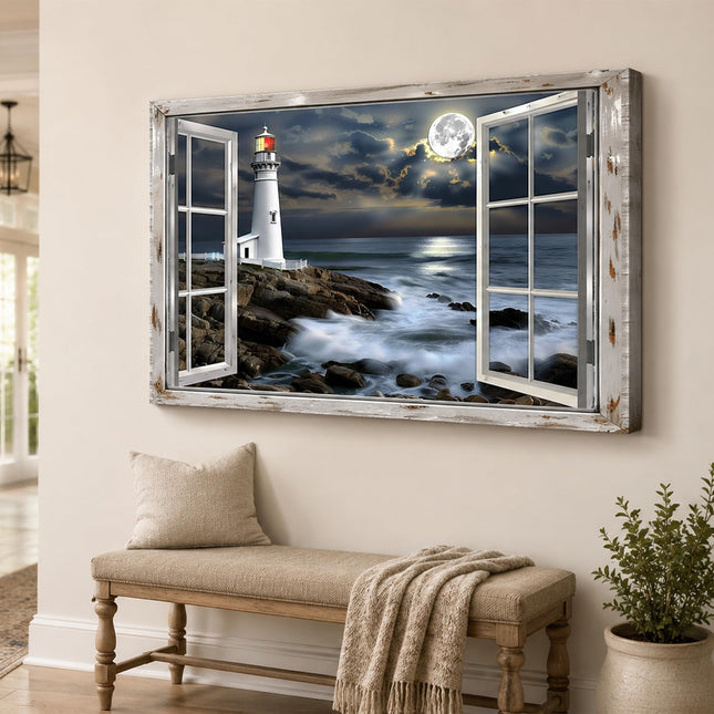 Beach Pictures Wall Art Decor for Living Room, Coastal Beach Window Painting Decor, Ocean Lighthouse Canvas Prints Decorations, Framed Artwork Home Decor for Bathroom Bedroom Living Room 12x18 Inch
