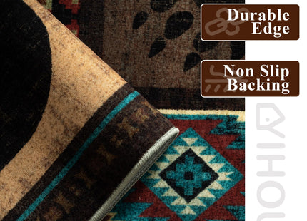 Hallway Runner Rug 2x6 Indoor Door Mat - Bear Rustic Cabin Non-Slip Entryway Rug, Low Pile Tribal Print for Kitchen, Bedroom