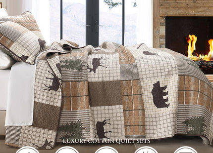 Uniclinens 100% Cotton Quilts King Size - Farmhouse Cabin Lodge Bear Deer Tree King Quilt Set, Soft Patchwork Plaid Bedspread Lightweight Quilted Comforter with 2 Pillow Shams, Green/Brown/Cream