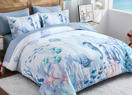 Coastal Comforter Set Queen, Coral Beach Themed Comforters Diving Deep Ocean Bedding with Sheets 7 Pieces Bed in a Bag for Spring Summer House Conch Decor