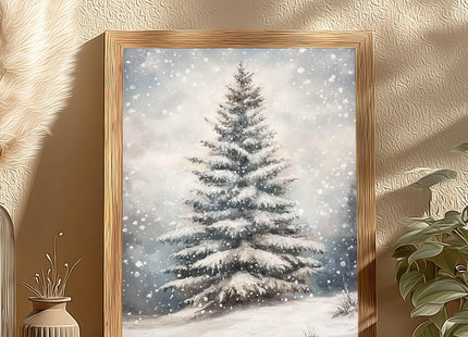 Christmas Wall Art, Vintage Christmas Tree Picture, Snowy Pine Tree Print